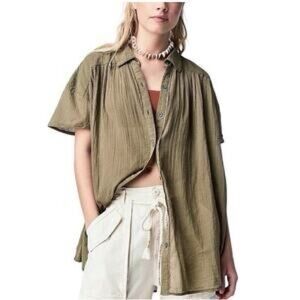 We the Free People Float Away Oversized Button Front Shirt Top Green XS